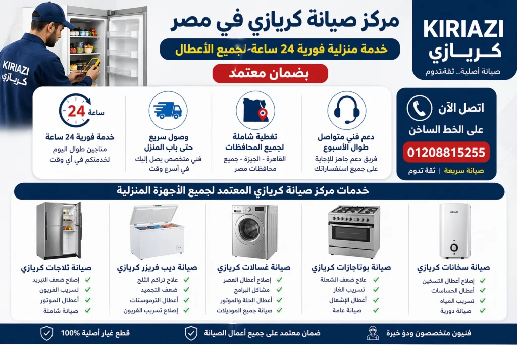 👉 أشهر أعطال أجهزة كريازي المنزلية مثل ضعف التبريد وتوقف الغسالة وتسريب المياه