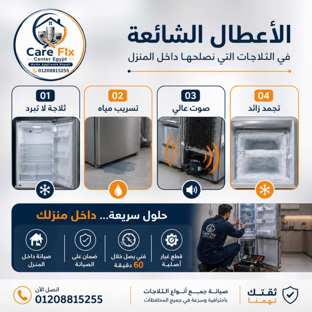 أشهر أعطال الثلاجات في مصر مثل ضعف التبريد وتسريب المياه وصوت عالي داخل الفريزر مع شرح مبسط للحلول