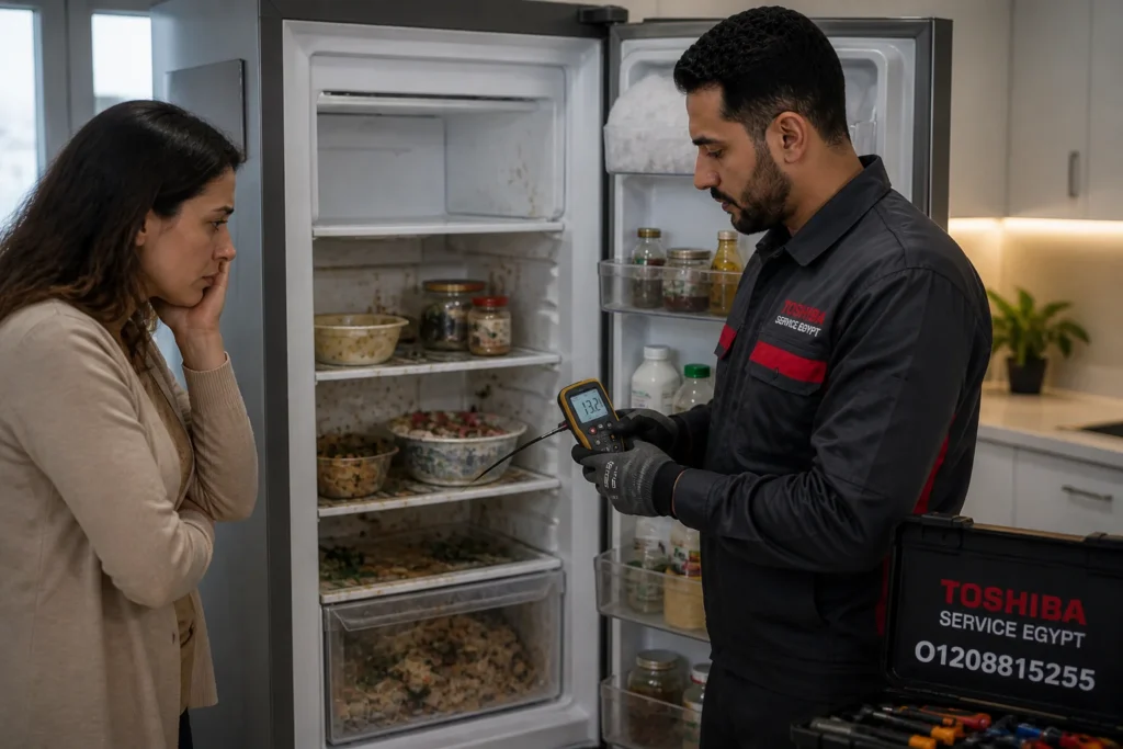 مشكلة ضعف التبريد في ثلاجة توشيبا داخل المنزل وظهور تلف في الأطعمة بسبب عطل في دورة التبريد