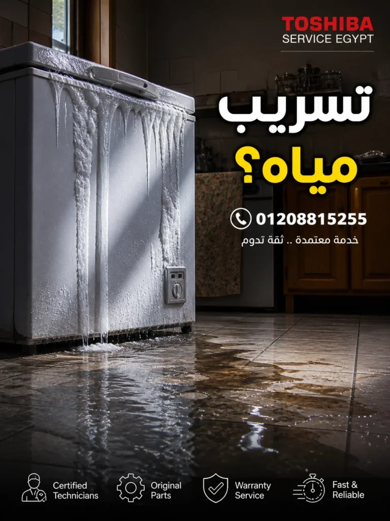 تسريب مياه من ديب فريزر توشيبا بسبب تراكم الثلج أو انسداد مجرى التصريف داخل الجهاز