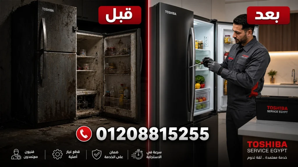 نتيجة صيانة توشيبا في مصر قبل وبعد إصلاح الثلاجة وتحسين كفاءة التبريد بشكل واضح