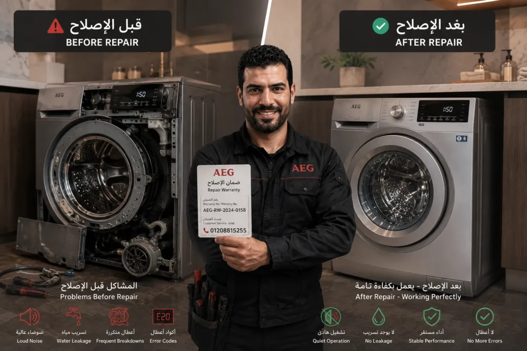 قبل وبعد إصلاح غسالة AEG بعد تغيير رولمان البلي وصيانة كاملة