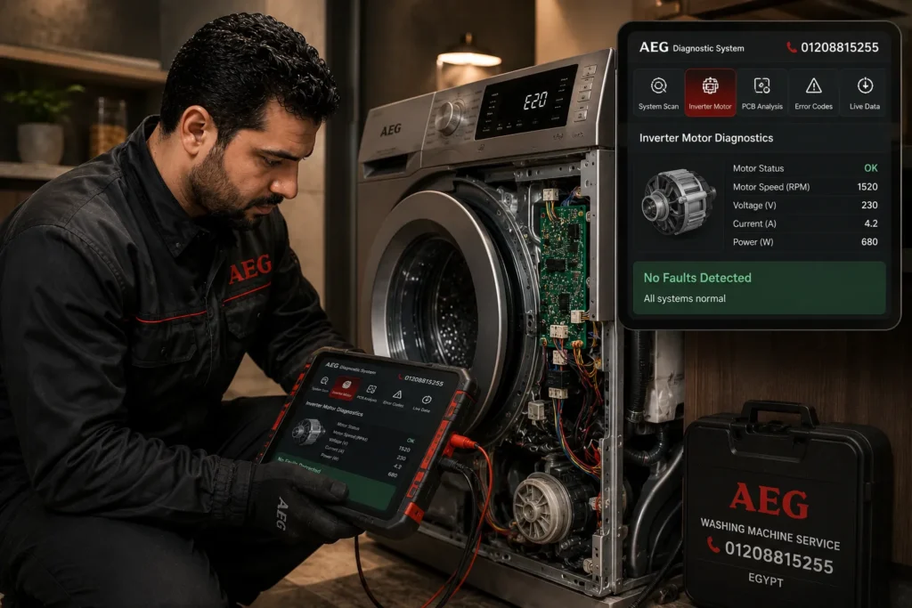 تشخيص أعطال غسالات AEG باستخدام أجهزة فحص إلكترونية متخصصة