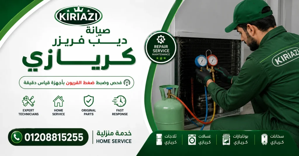فني صيانة يفحص فريون ديب فريزر كريازي داخل المنزل