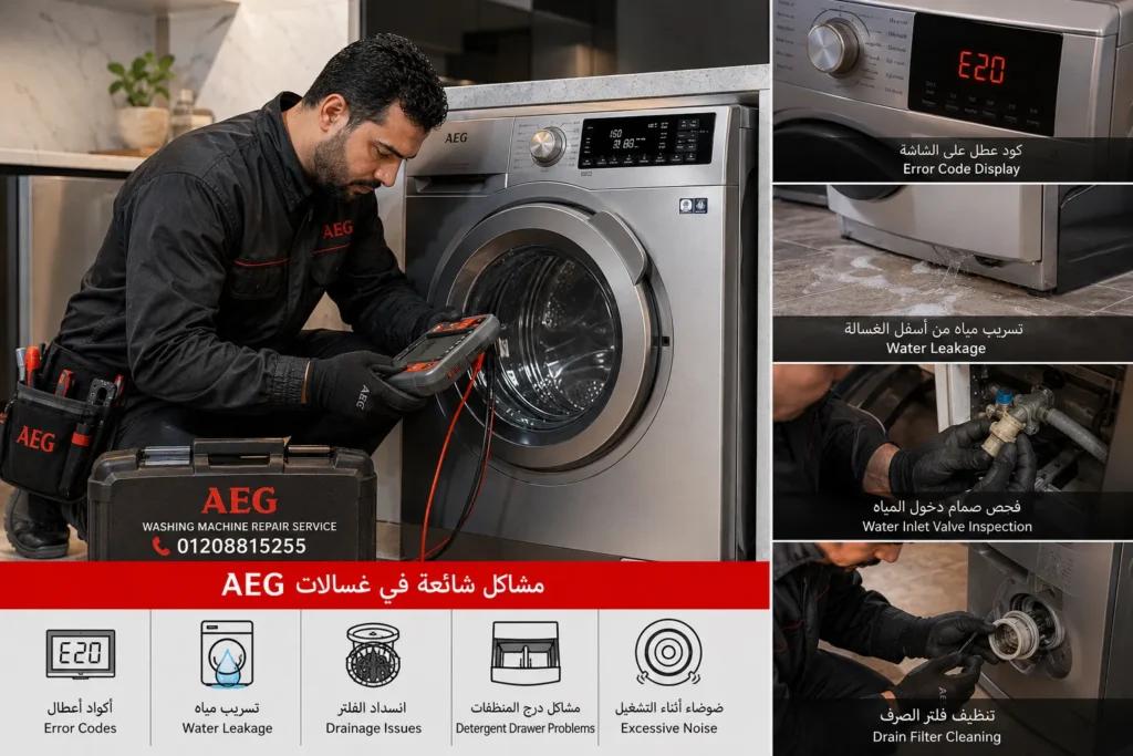 أشهر أعطال غسالات AEG مثل عدم التشغيل وعدم سحب المياه وتسريب المياه
