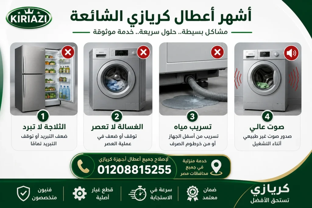 أشهر أعطال أجهزة كريازي مثل عدم التبريد في الثلاجات وعدم عصر الغسالة وتسريب المياه