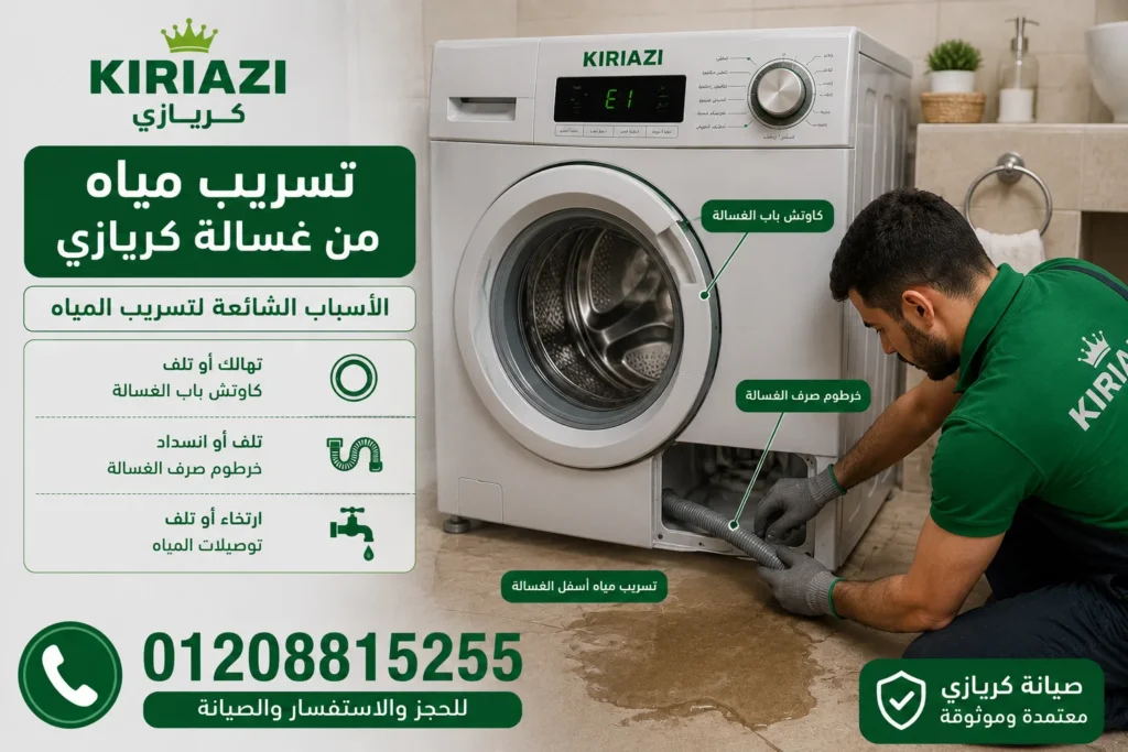 تسريب المياه من غسالة كريازي بسبب خرطوم الصرف أو كاوتش الباب