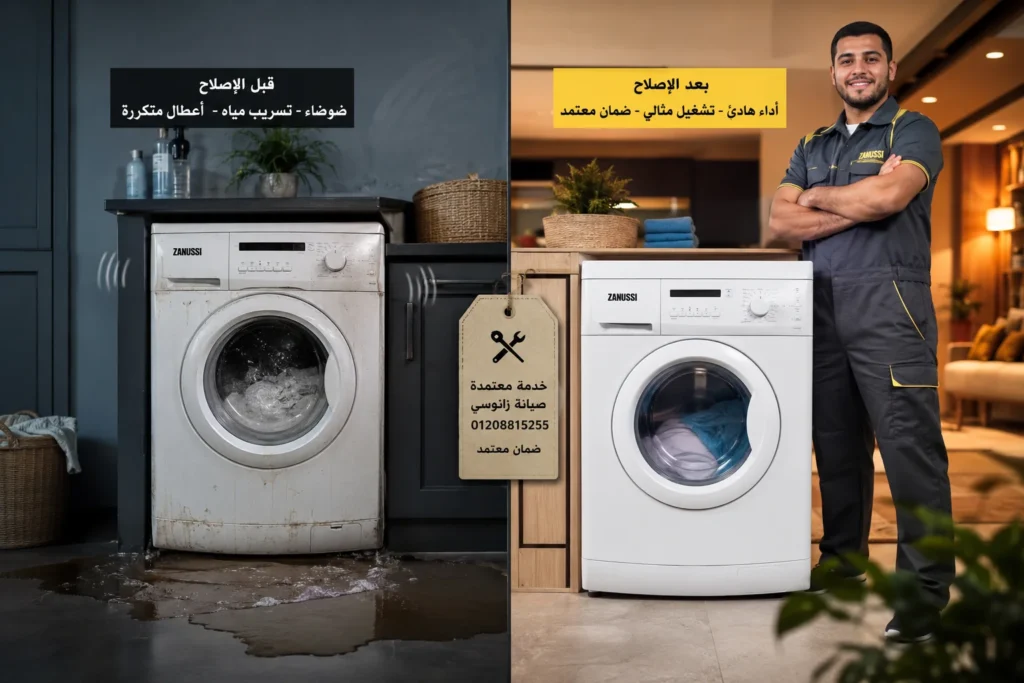 قبل وبعد صيانة غسالة زانوسي في المنزل مع نتائج الإصلاح